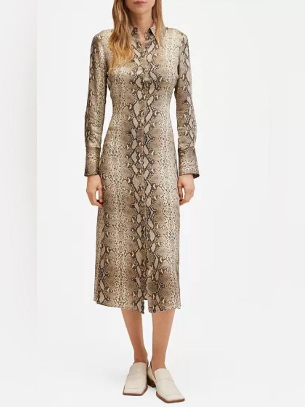 Mango MNG Snake Print Midi Shirt Dress US 4 Long Sleeve Button Front Animal